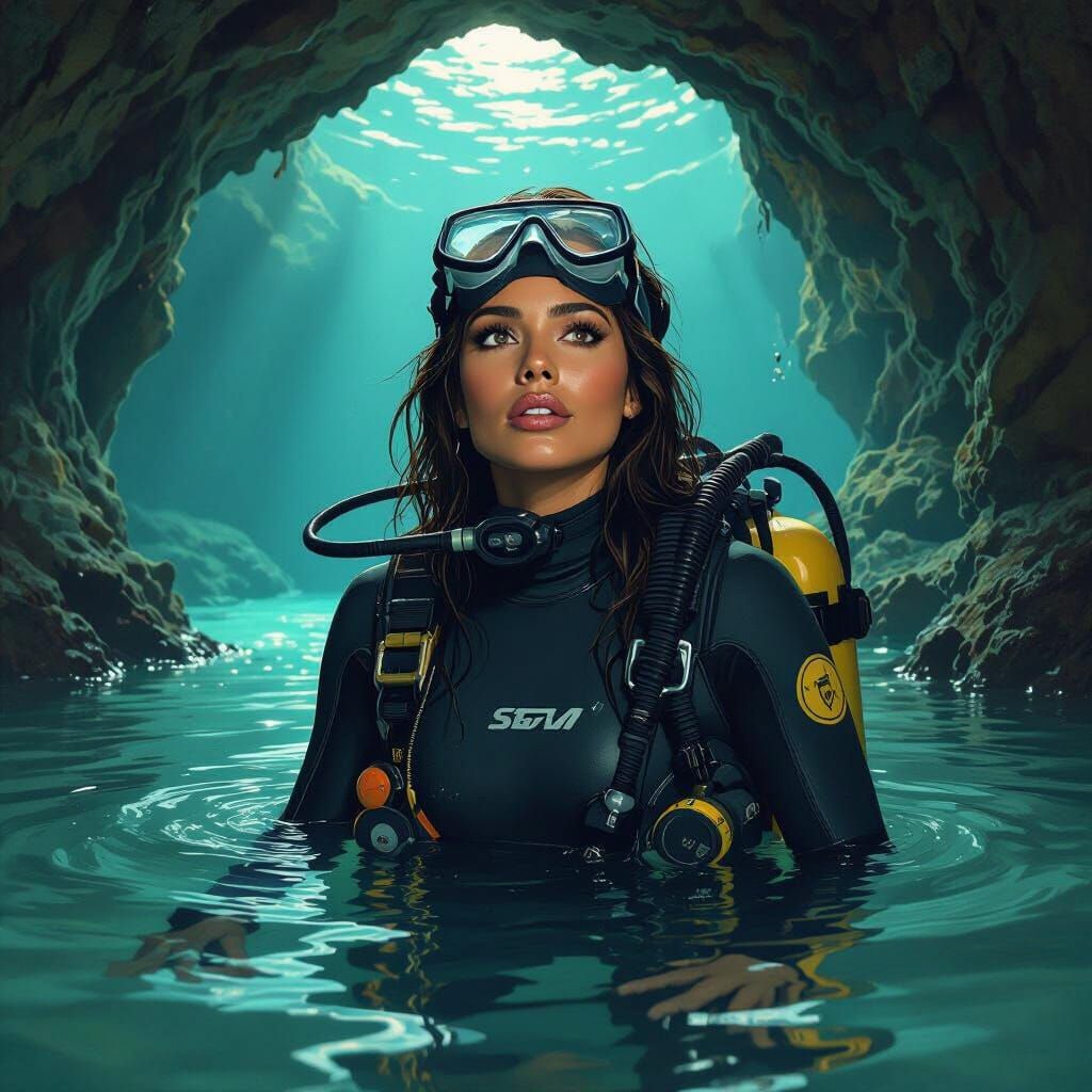 Scuba Diver Explores Underwater Cave in Digital Art Style