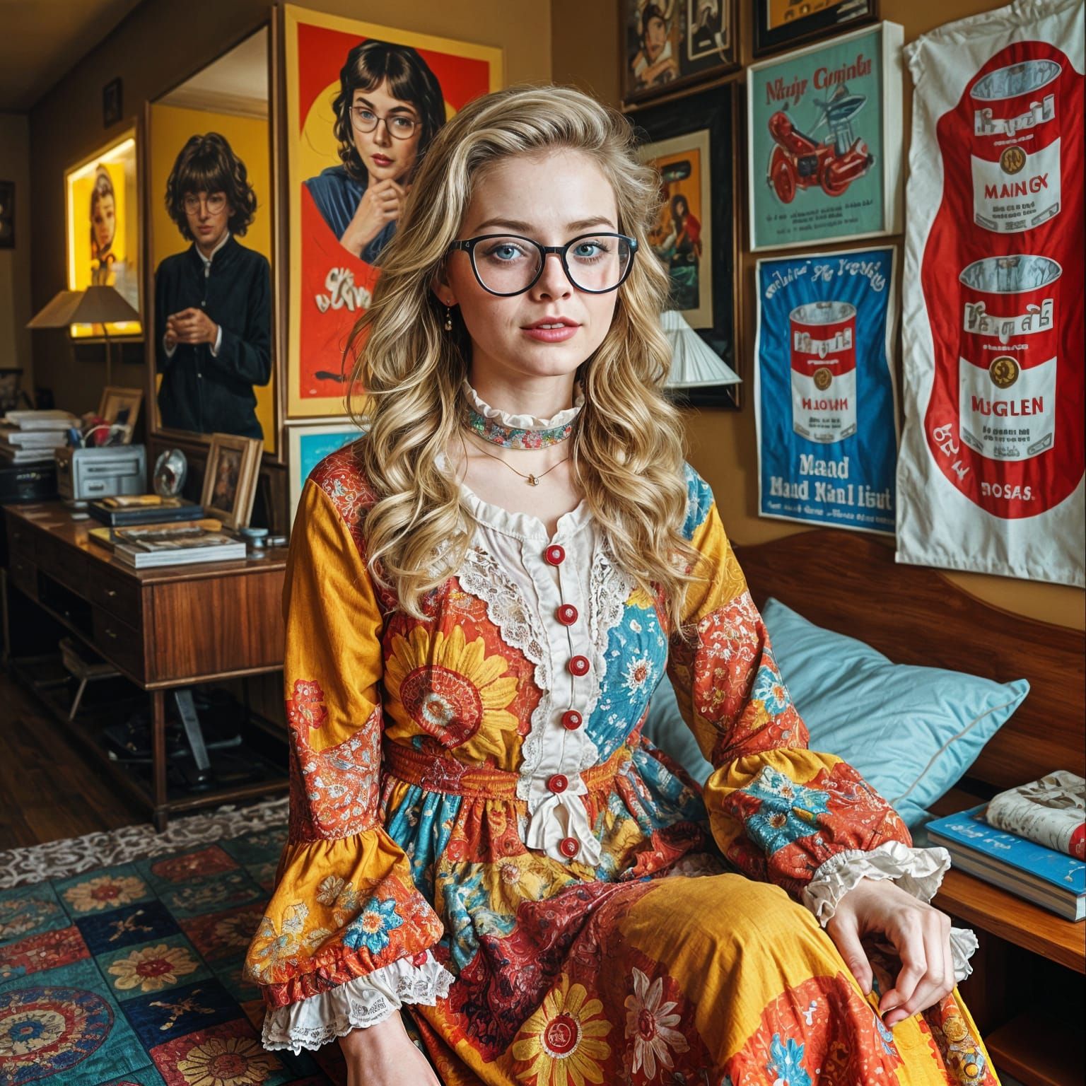 Whimsical Hippie Girl in Vintage Bedroom