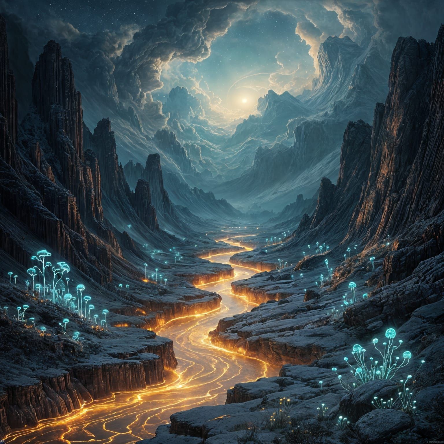 Ethereal Gold Rivers in Stone Valleys Under Nebula Sky