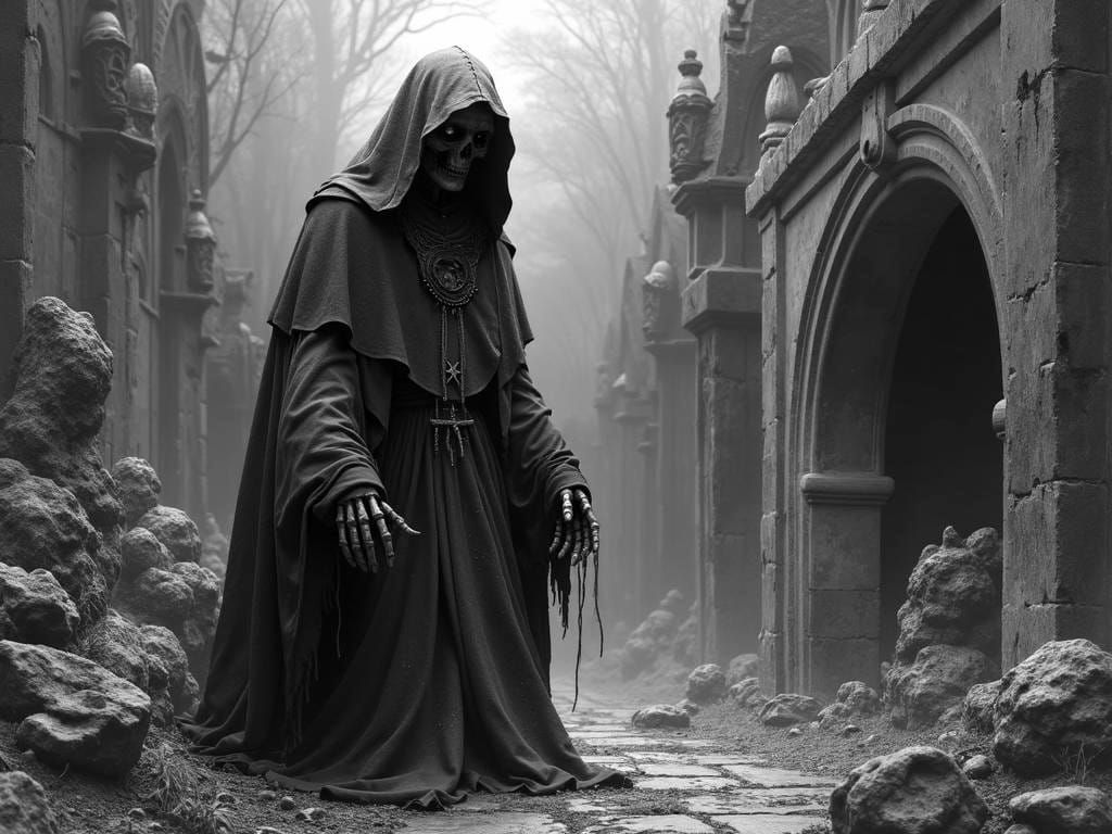 Undead Priest in Gloomy Graveyard: Mork Borg Concept Art