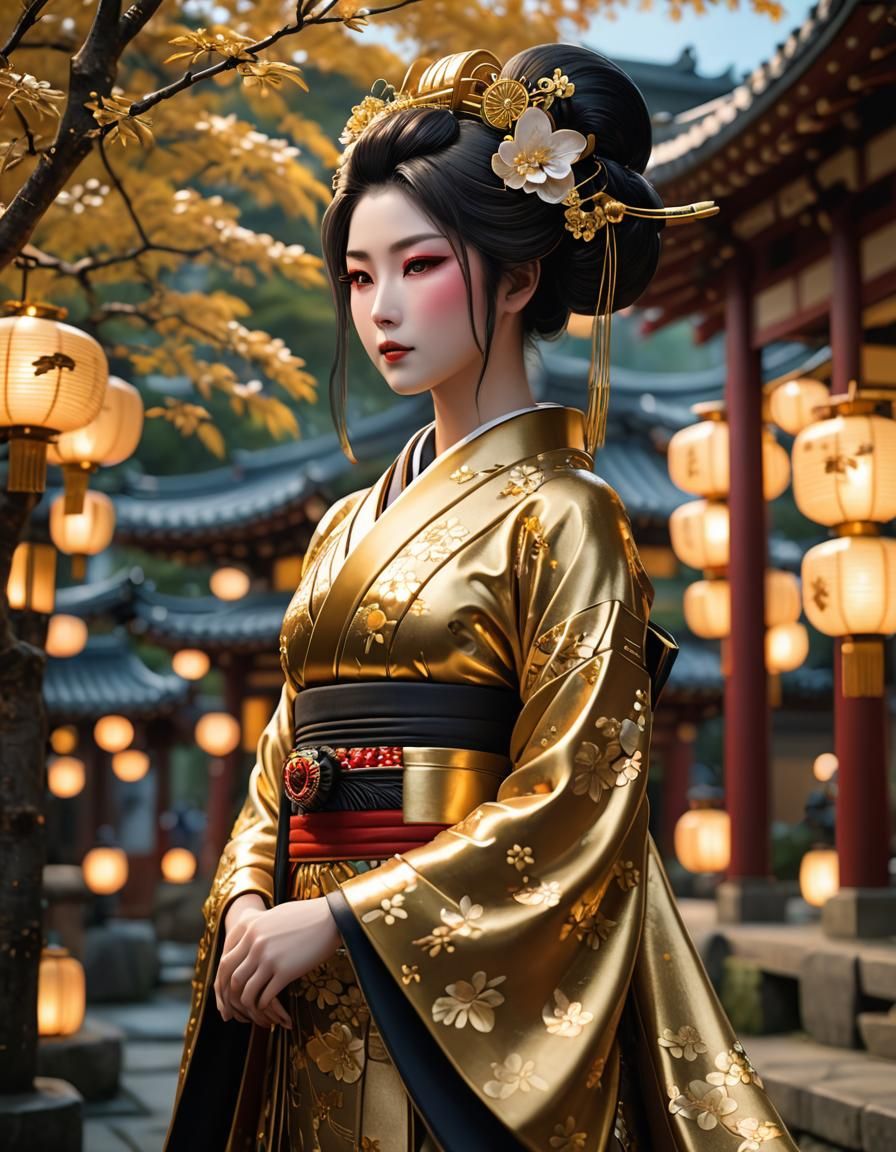 Gold Geisha in Hikizuri with Bokeh Background