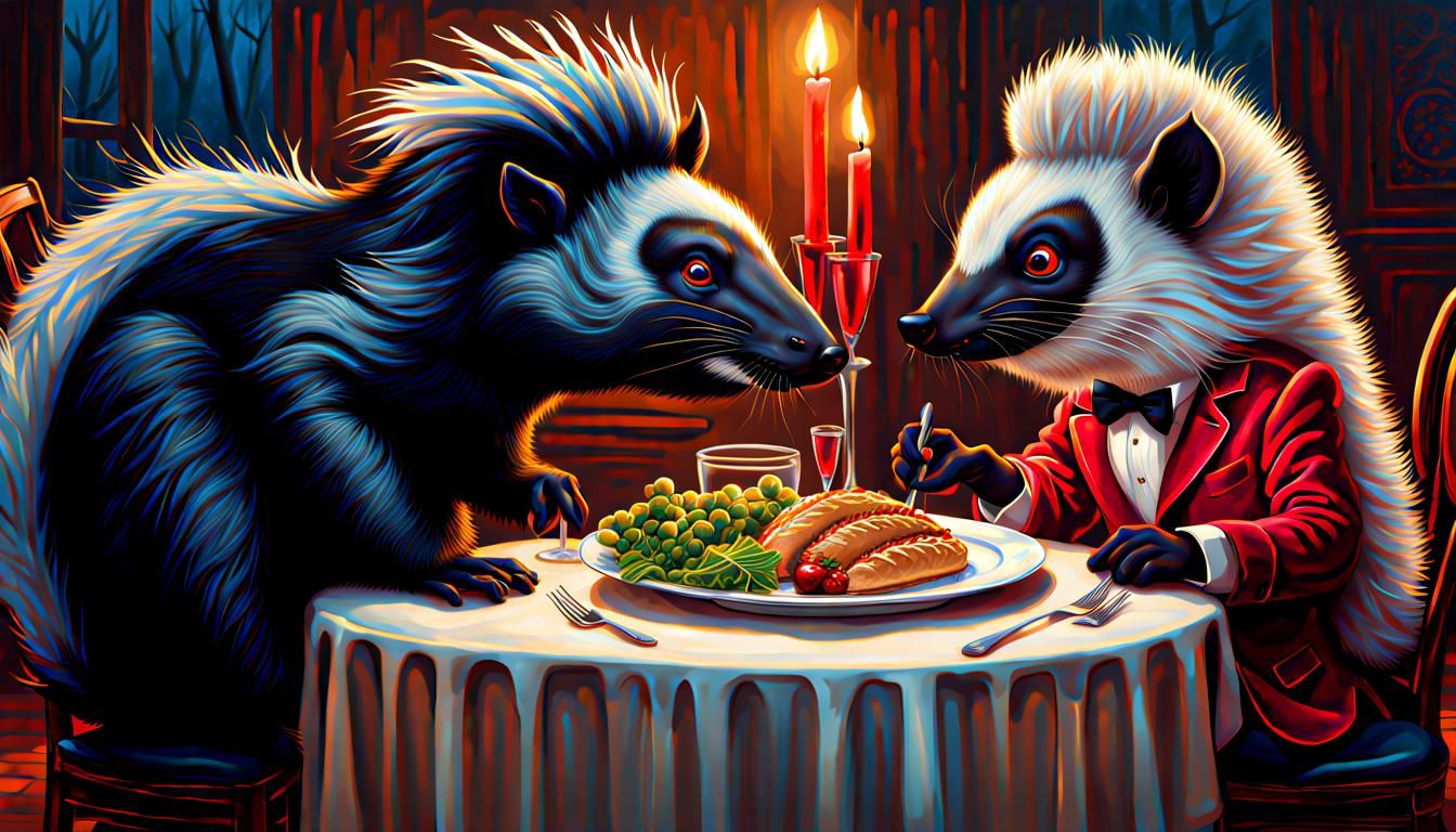 Anthropomorphic Skunk and Porcupine's Romantic Dinner
