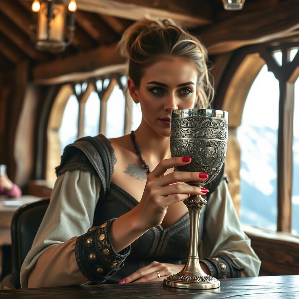 Medieval Supermodel Sips from Intricate Goblet in Viking Sty...