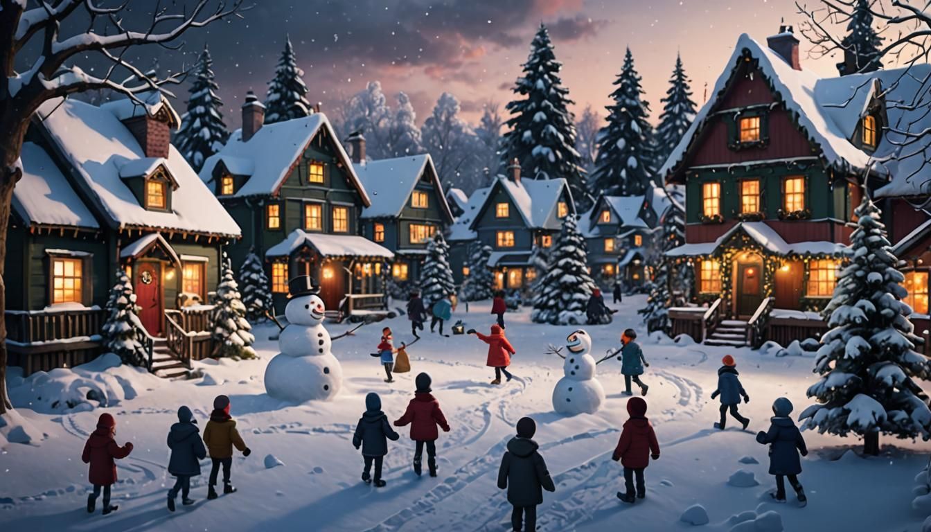 Children Build Snowman in Winter Wonderland Art