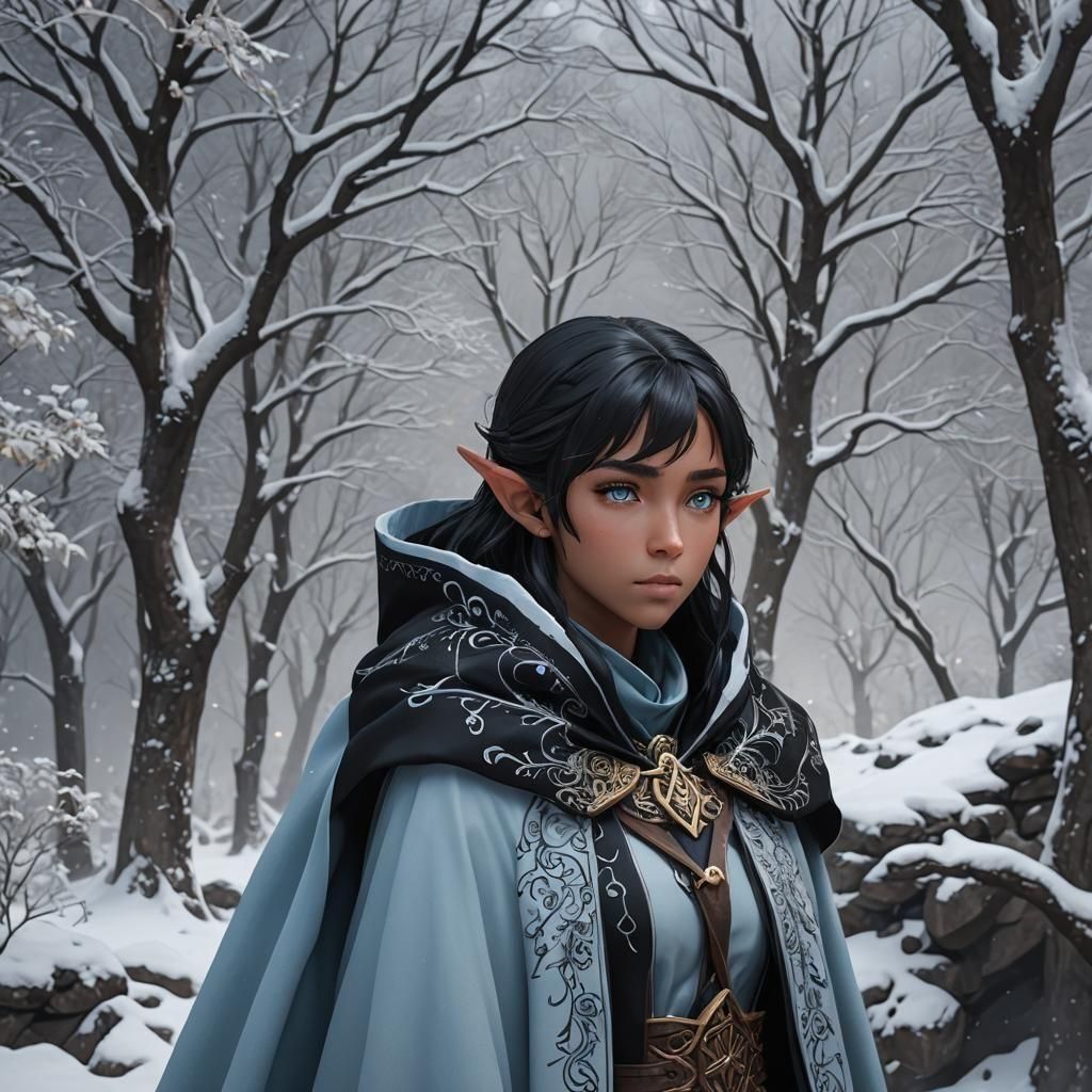 Female Elf in Snowy Valley: 3D Anime Art
