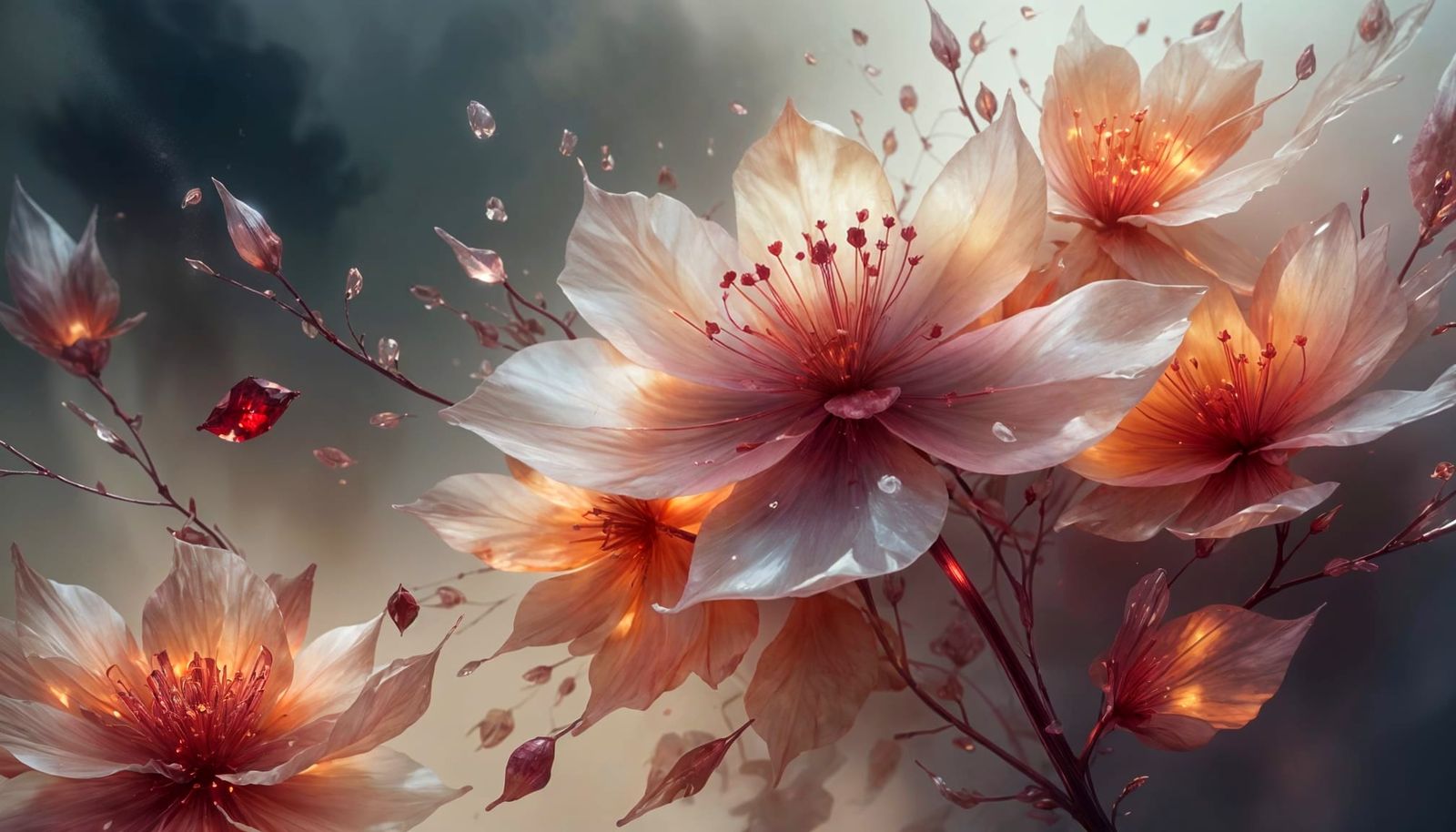 Ethereal Crystal Ruby Blossom in Sfumato Style