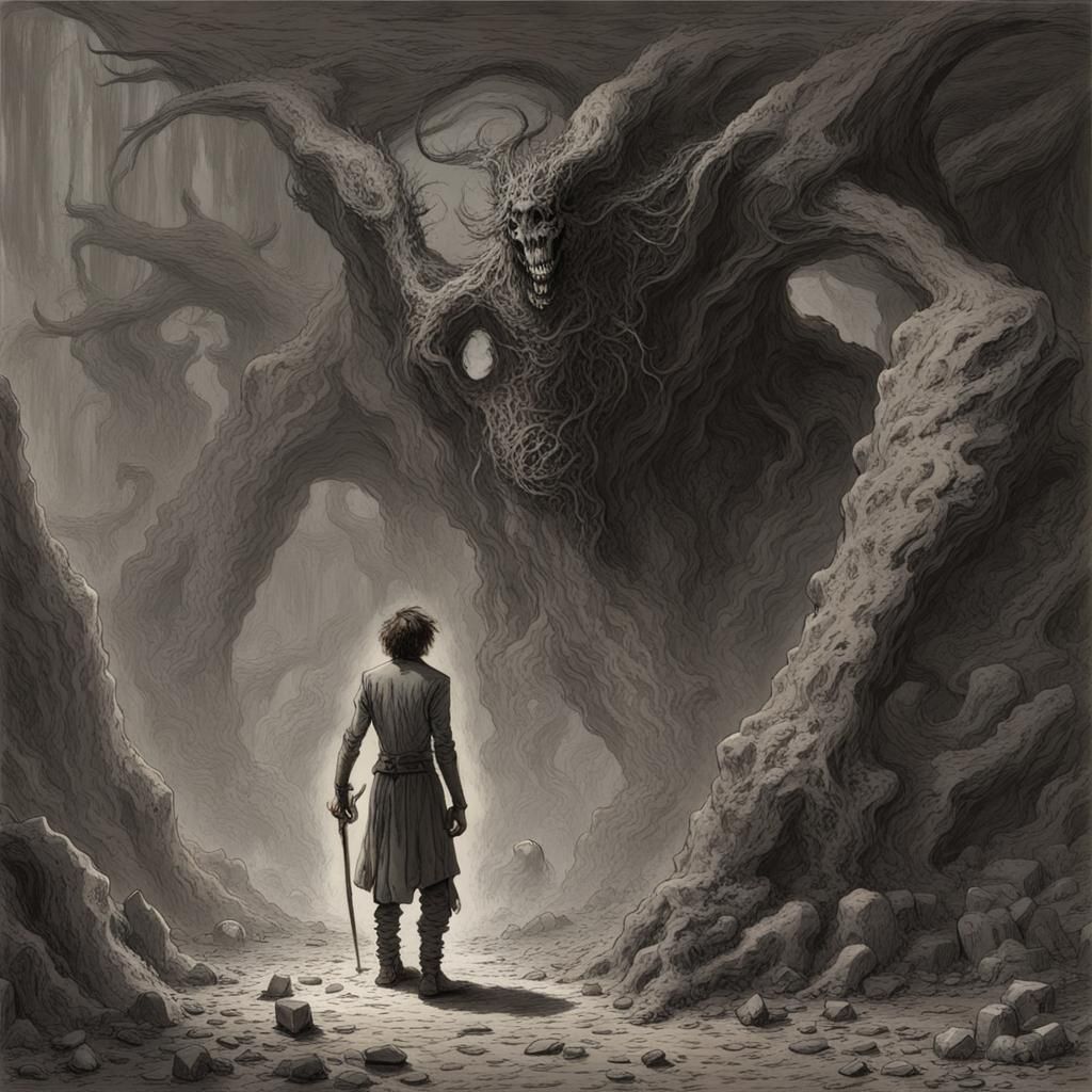 Terrifying Half-Demon in Dark Fantasy Horror Style