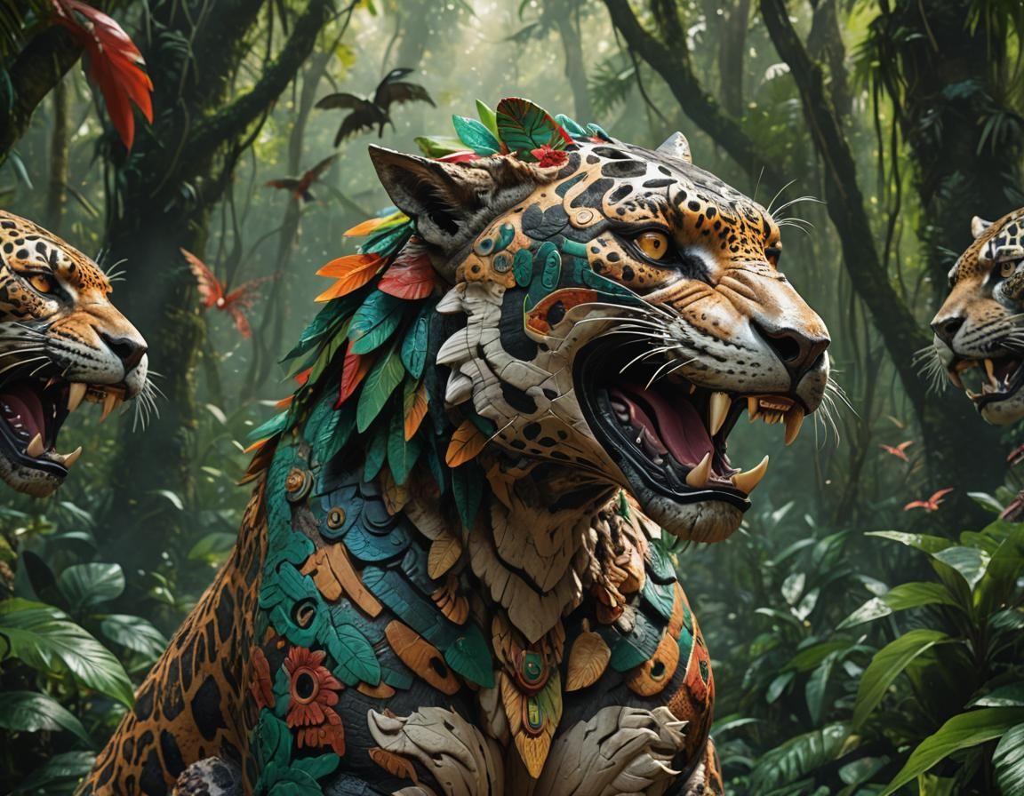Aztec Jaguar God Roaring in a Rainforest