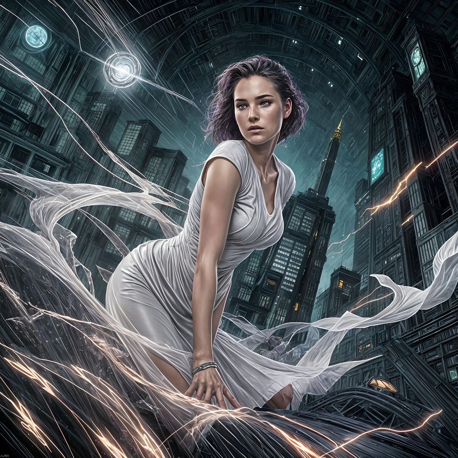 Ethereal Woman in Sci-Fi Machine, Comic Book Art