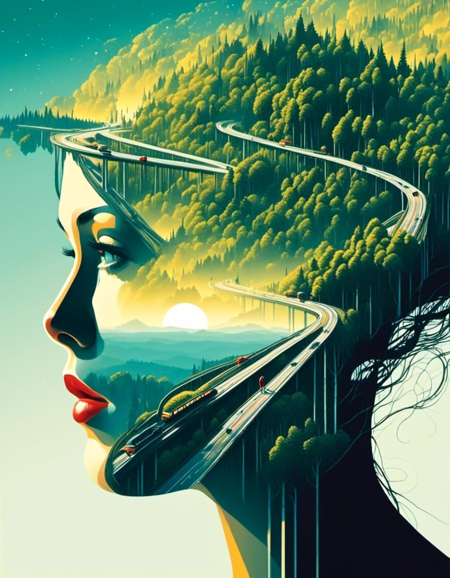 Silhouette Double Exposure in Minimalist Vector Art Style