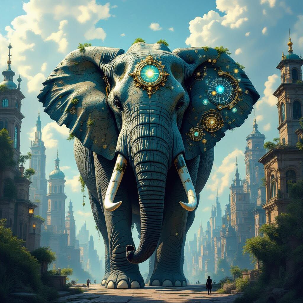 Surreal Elephant in Steampunk Cityscape