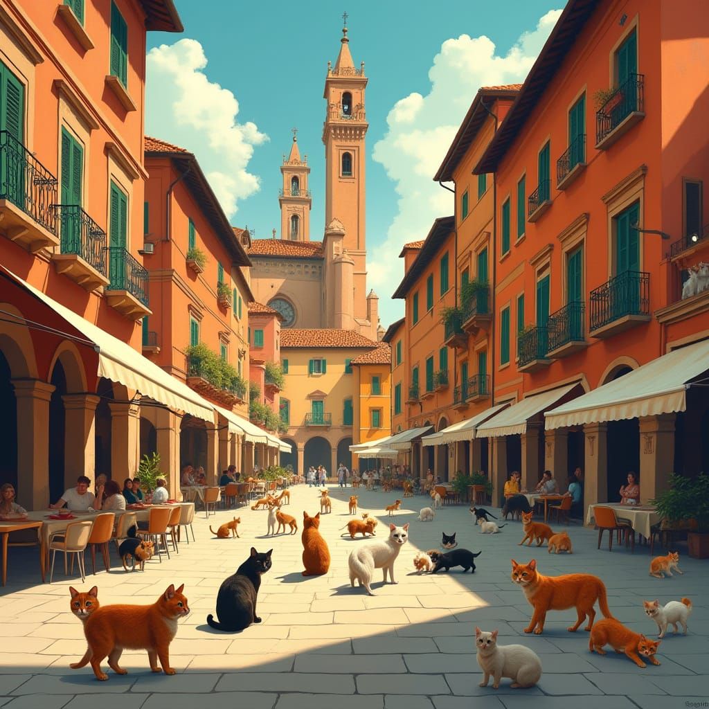 Surreal Italian Piazza Teeming with Cats in Vintage Travel P...