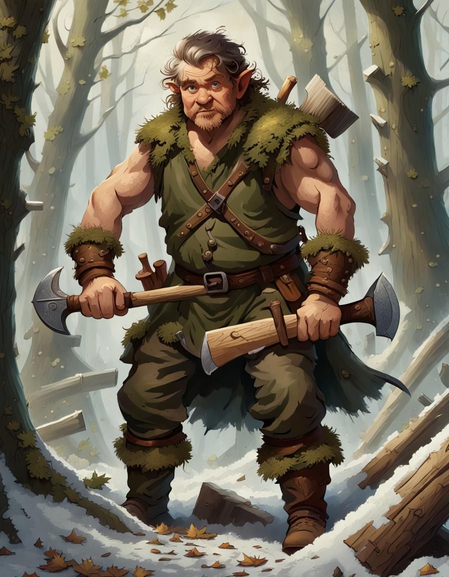 Halfling Carpenter Wielding Axe in Fantasy Art Style