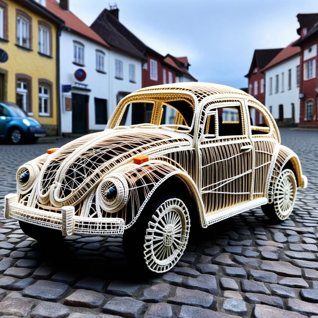 Intricate String VW Beetle in Small Town