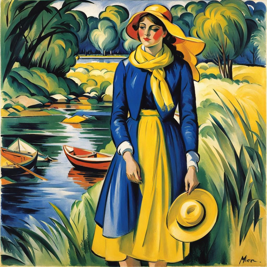 Woman at Riverbank in Expressionist Style