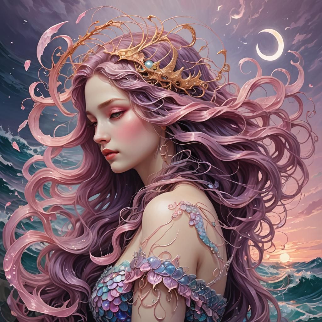 Hypnotic Mermaid Contemplates Earth in Lunar Eclipse