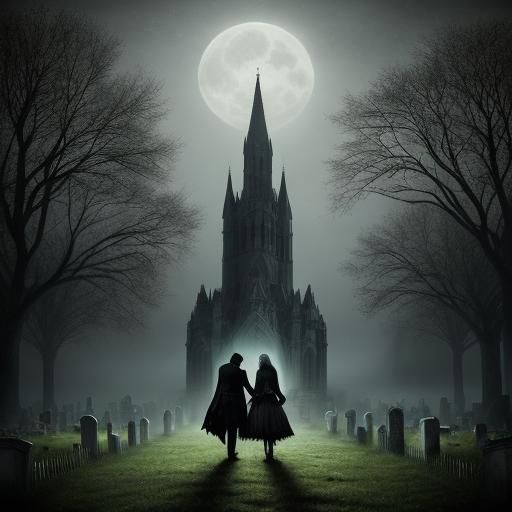 Gothic Couple in Graveyard Oil Painting
