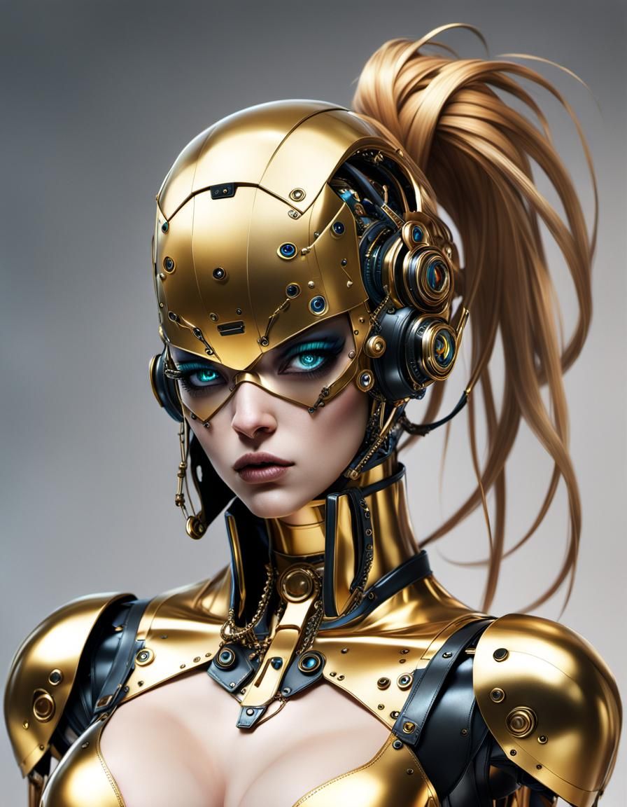 Hyperrealistic Robot in Gold with Anime Eyes