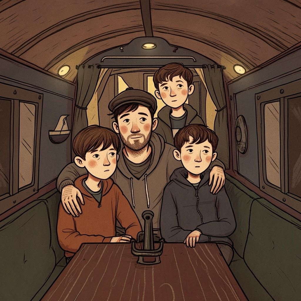 Warm Family Portrait on a Cozy Canal Boat in Whimsical Illus...