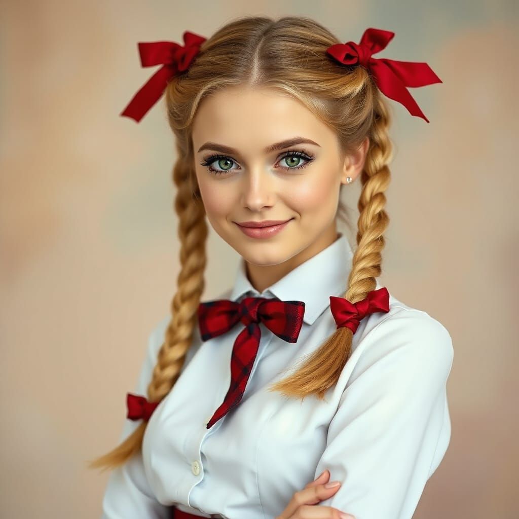 Beautiful Woman in Classic Schoolgirl Uniform with Braided P...