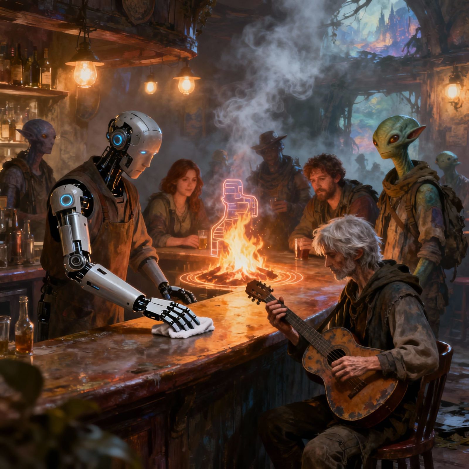 Survivors Gather in Dim Tavern by Holographic Fire