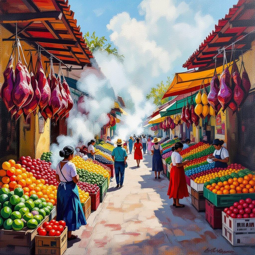 Vibrant Market Scene in Frida Kahlo Style