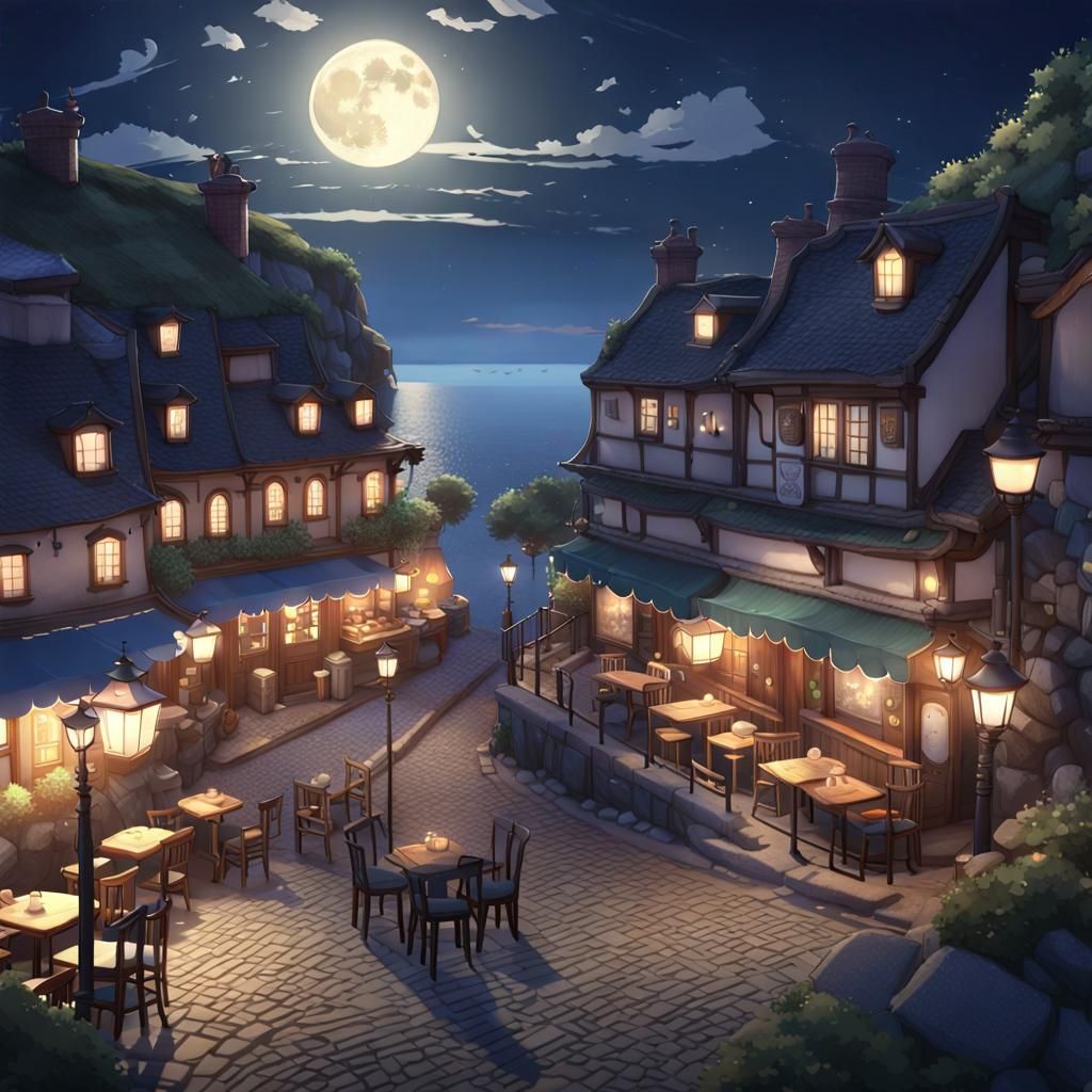 Edwardian Cafe by the Sea at Night in 3D Anime Style