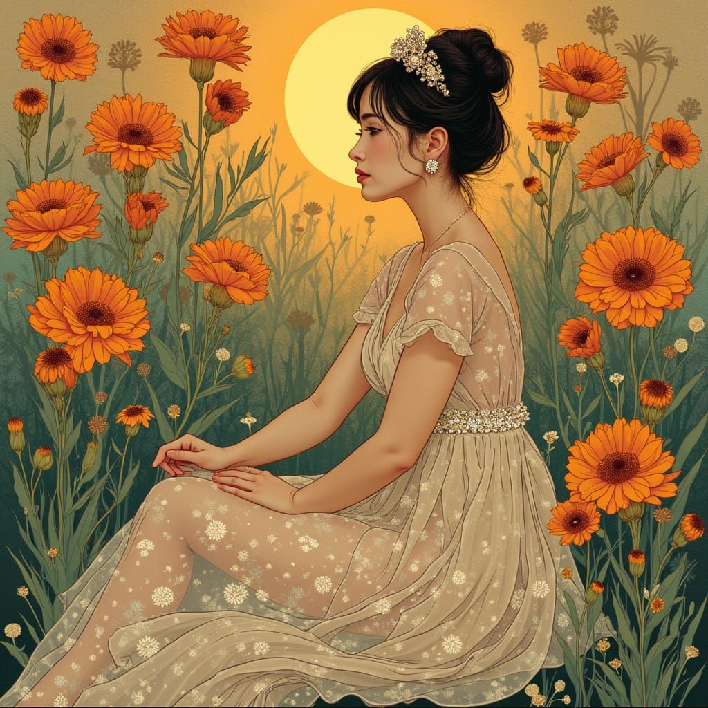 Floral Woman in Peach Lace Dress Art Nouveau