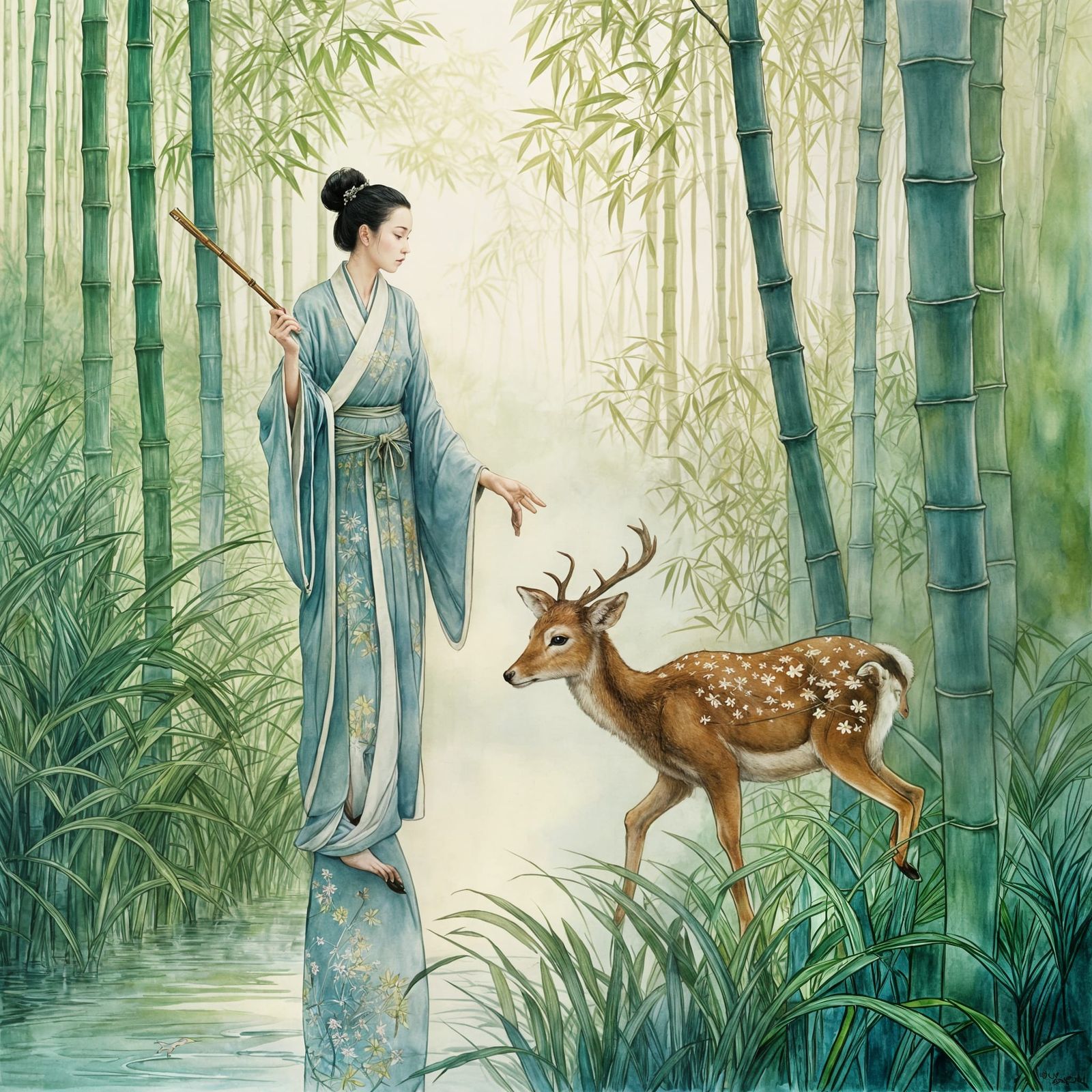 Japanese Lady Walks through Bamboo Forest at Dawn