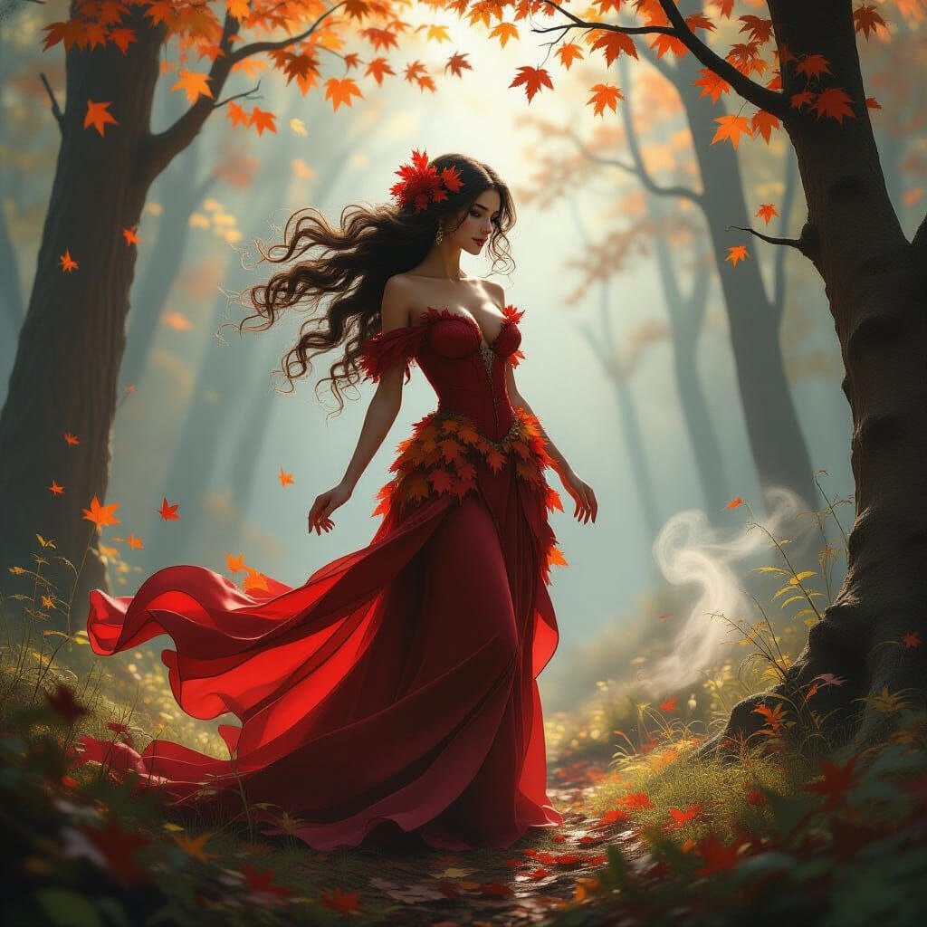 Ethereal Autumn Woman in Misty Forest