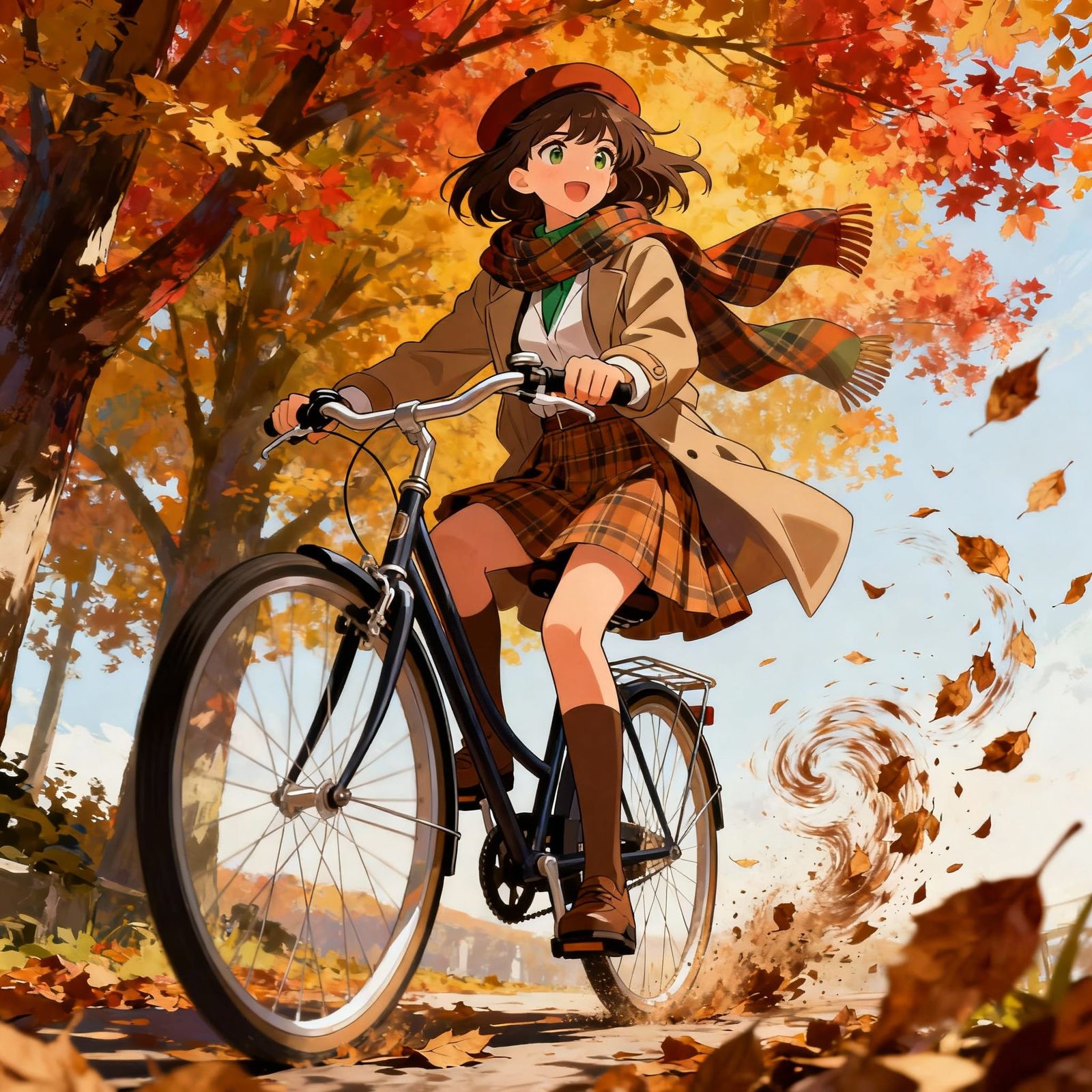 Anime Girl Rides Bicycle Through Autumn Leaves