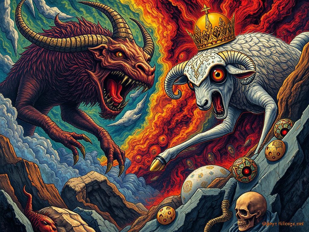 Apocalyptic Beast Menaces Lamb King, Symbolist Art