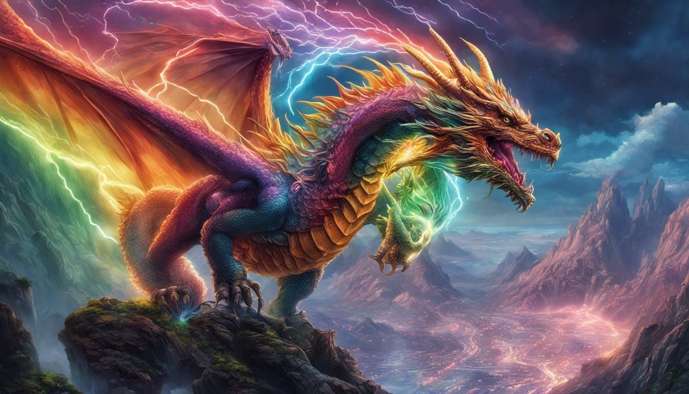Epic Rainbow Thunder Dragon Comic Book Art