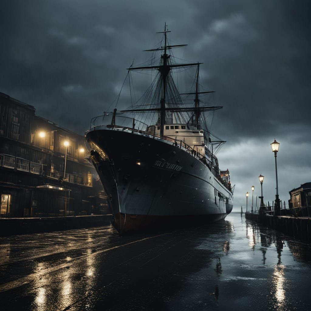 Gloomy Seaport at Dusk with Moody Lighting