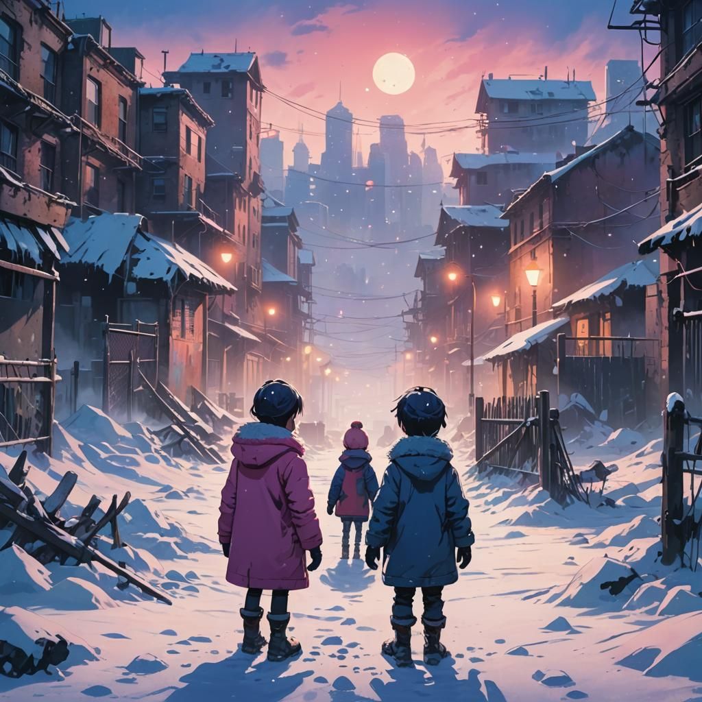 Child in Ruined City with Glowing Orbs: Anime Art