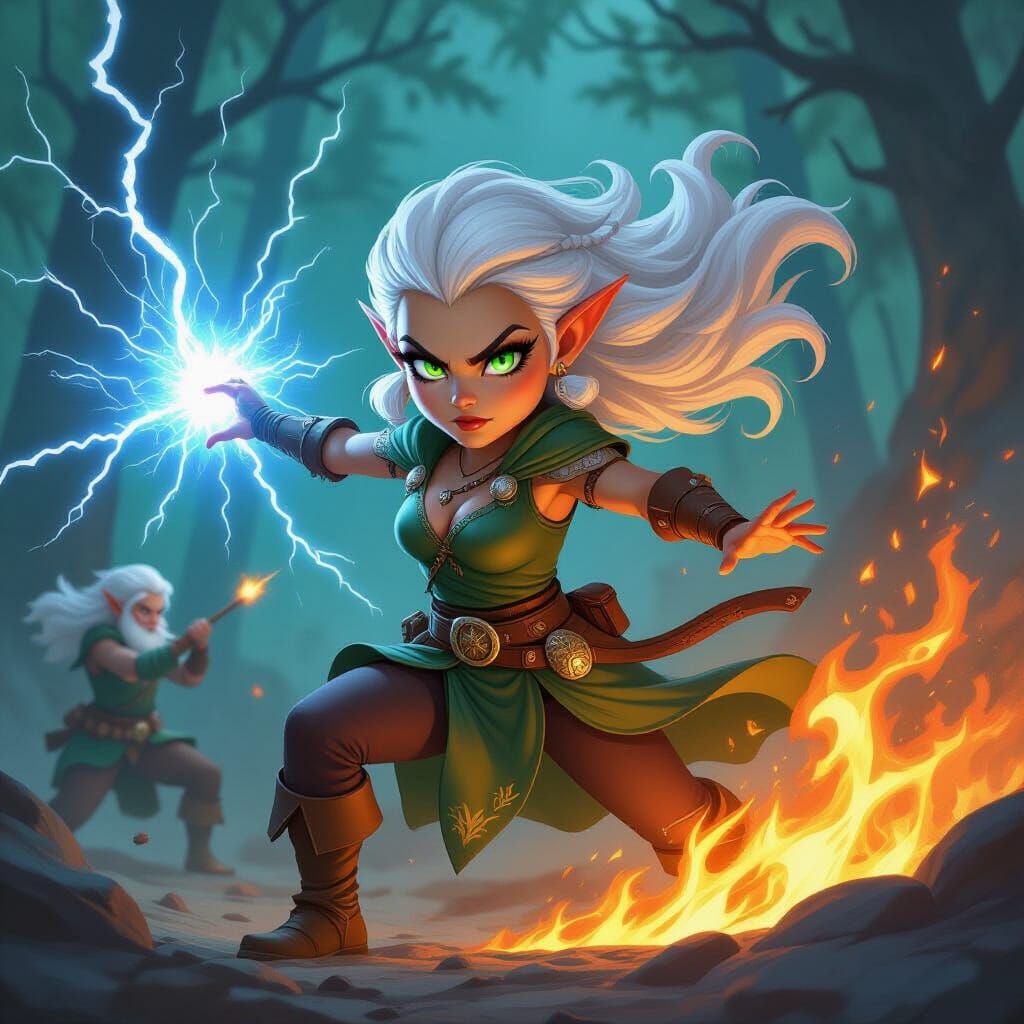 Forest Gnome Battles Wizard in Fiery Elemental Clash