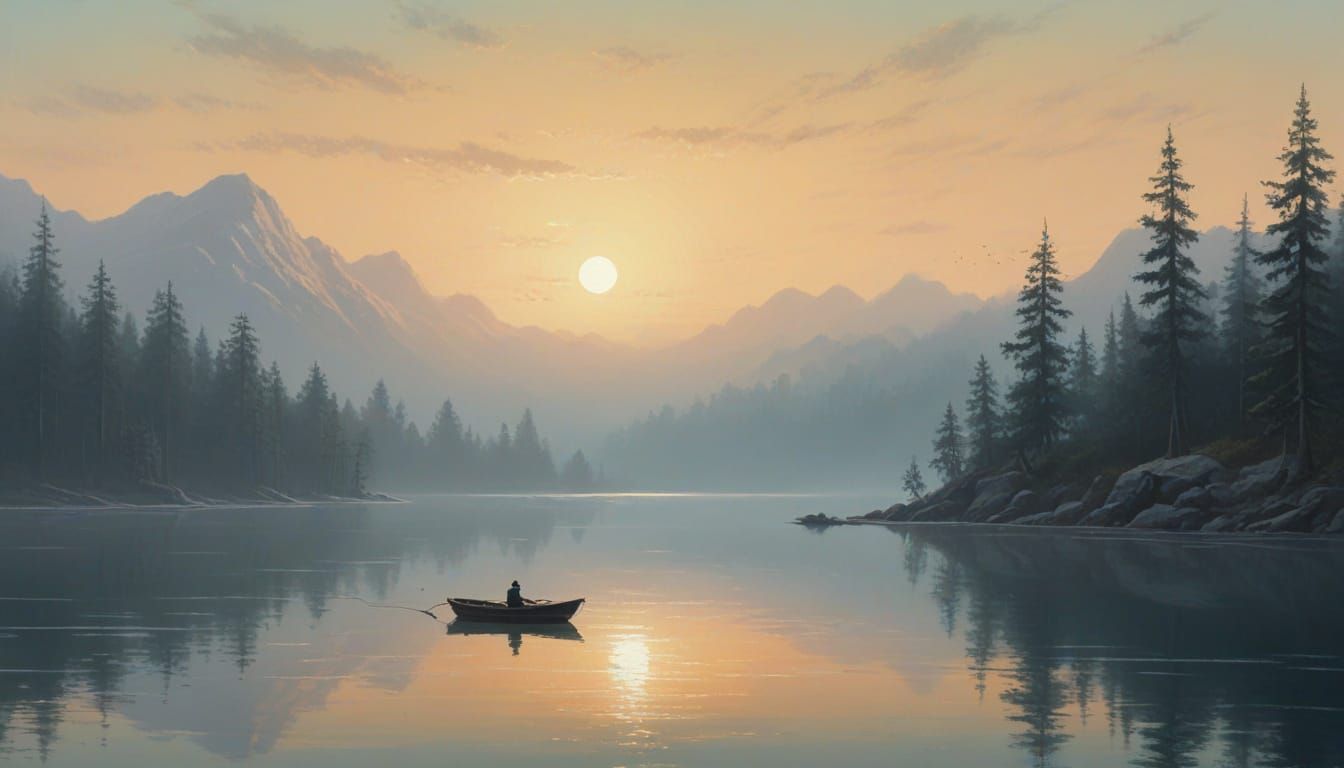 Misty Lake Landscape Painting with Lone Fisherman's Boat