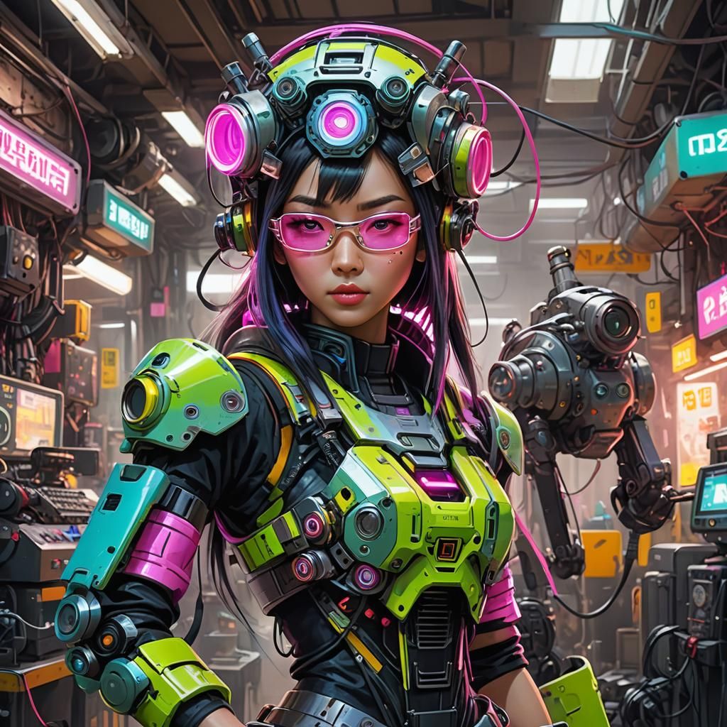 Cyberpunk Girl Repairs Battle Robot in Neon Style