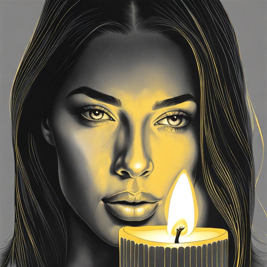 Woman's Portrait with Candlelight in Pencil Drawing