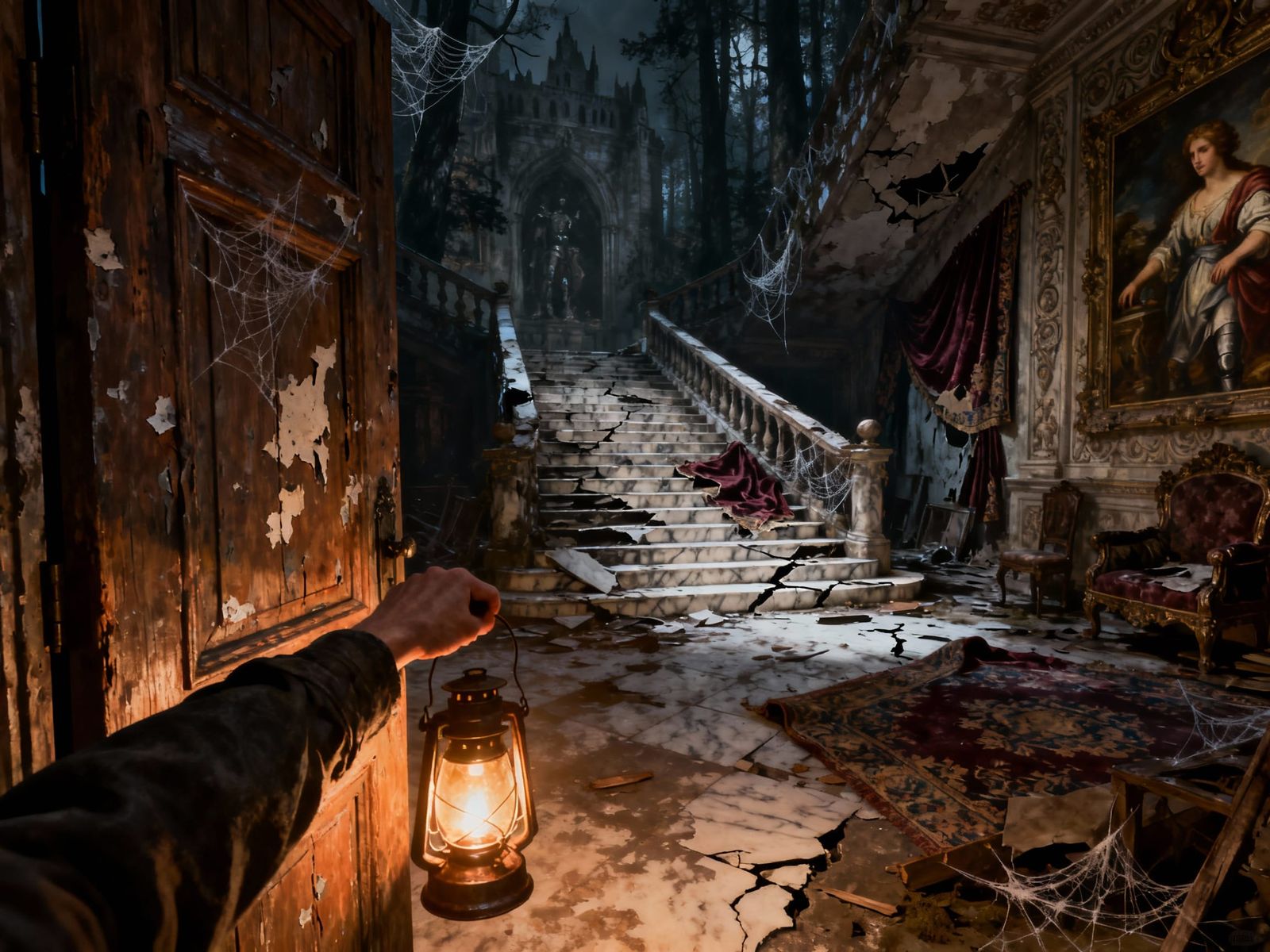 Lantern POV Opening Door in Abandoned Castle