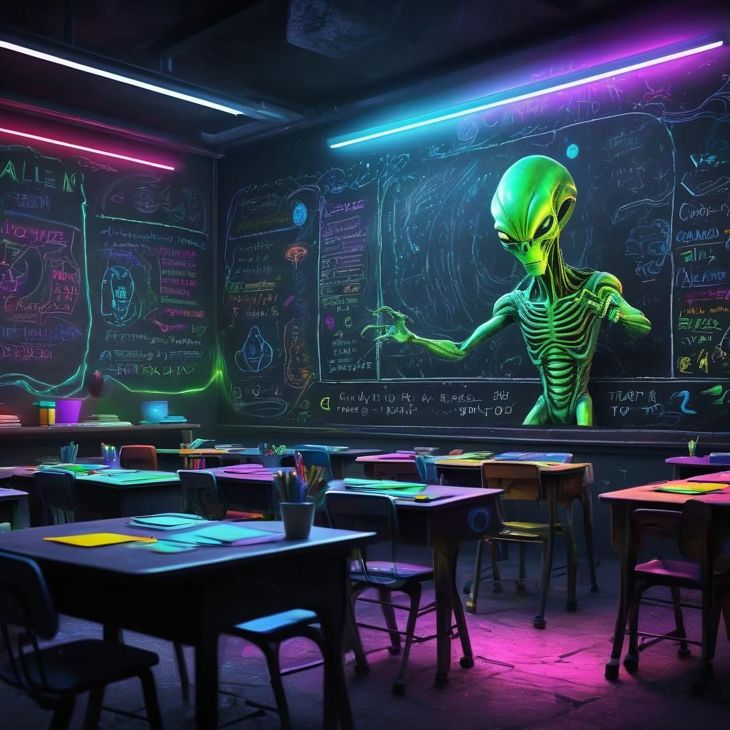 Alien Teacher in Classroom: Vibrant Digital Art