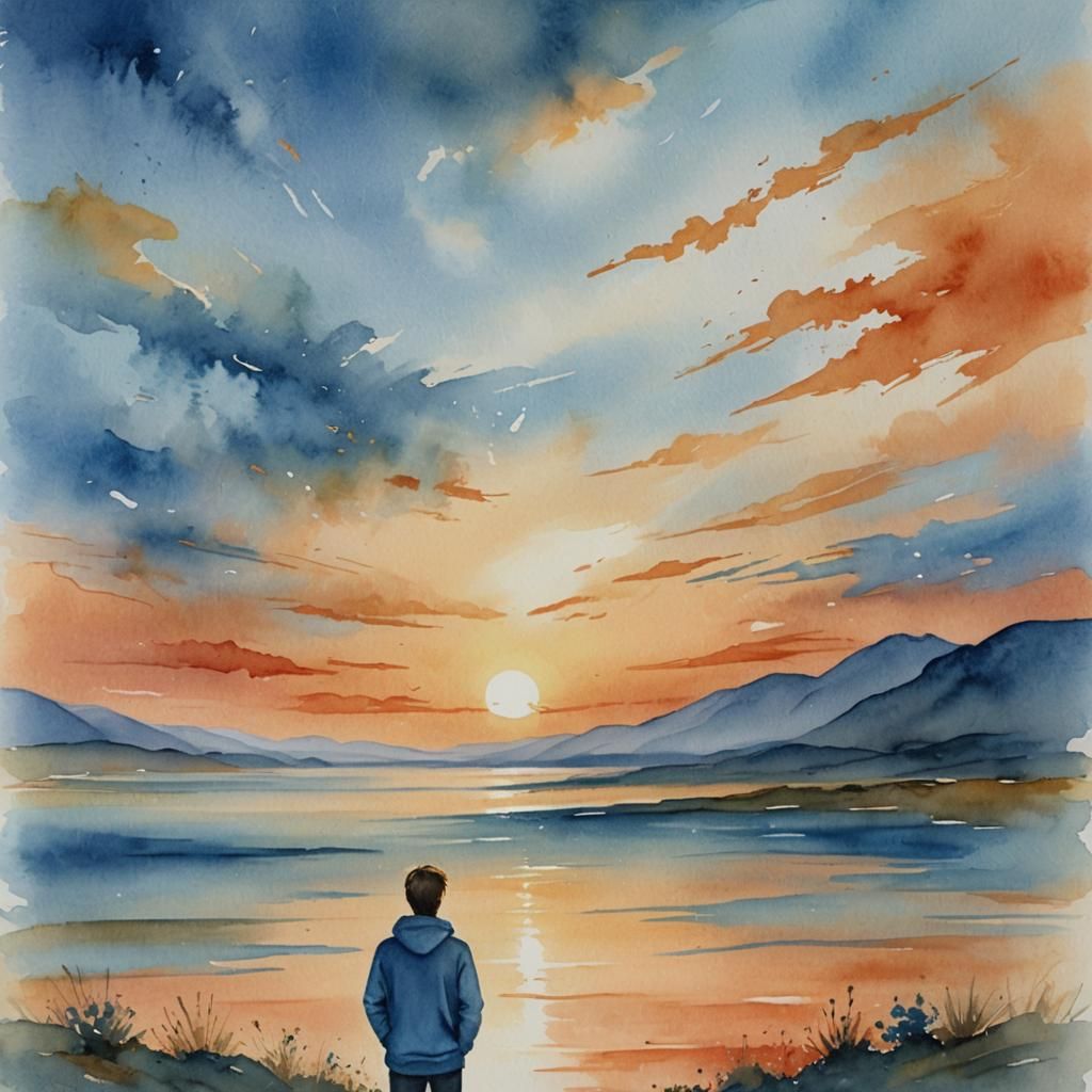 Serene Landscape: Inspirational Watercolor Painting at Sunse...