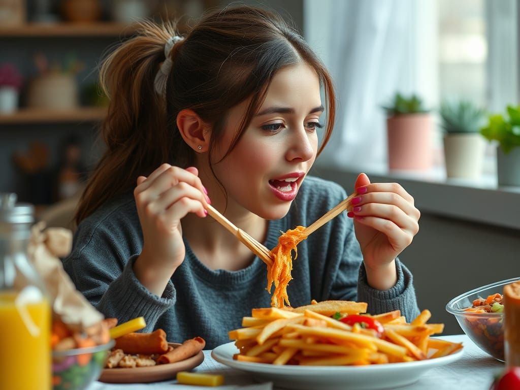 A Young Woman Overindulging in a Feast