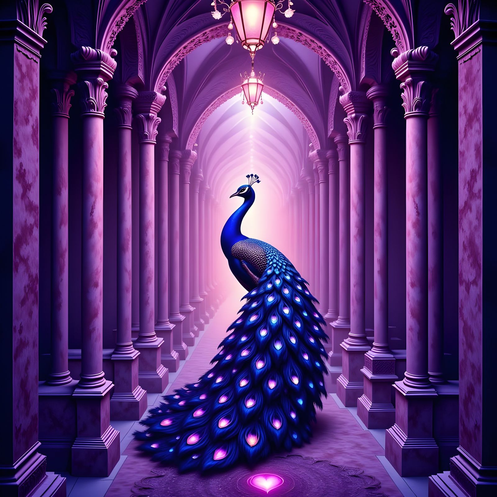 Surreal Palace Scene with Plum-Hued Peacock in Lavender Hues