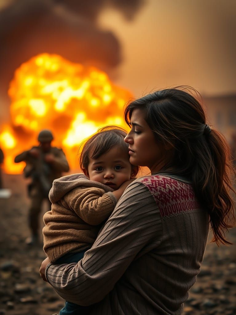 Mother's Desperate Moment in a War-Torn Landscape