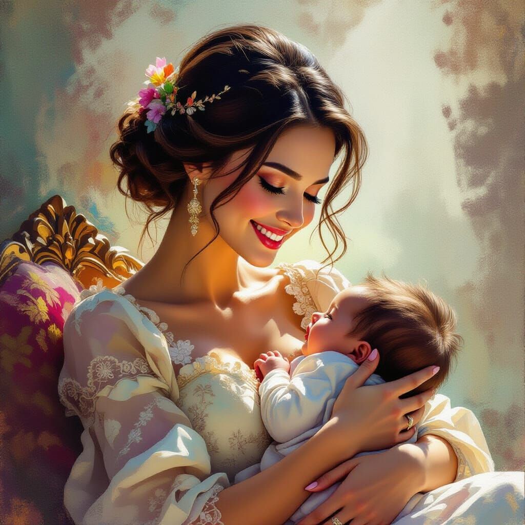 Mother and Baby: Hyperrealistic Splash Art Portrait