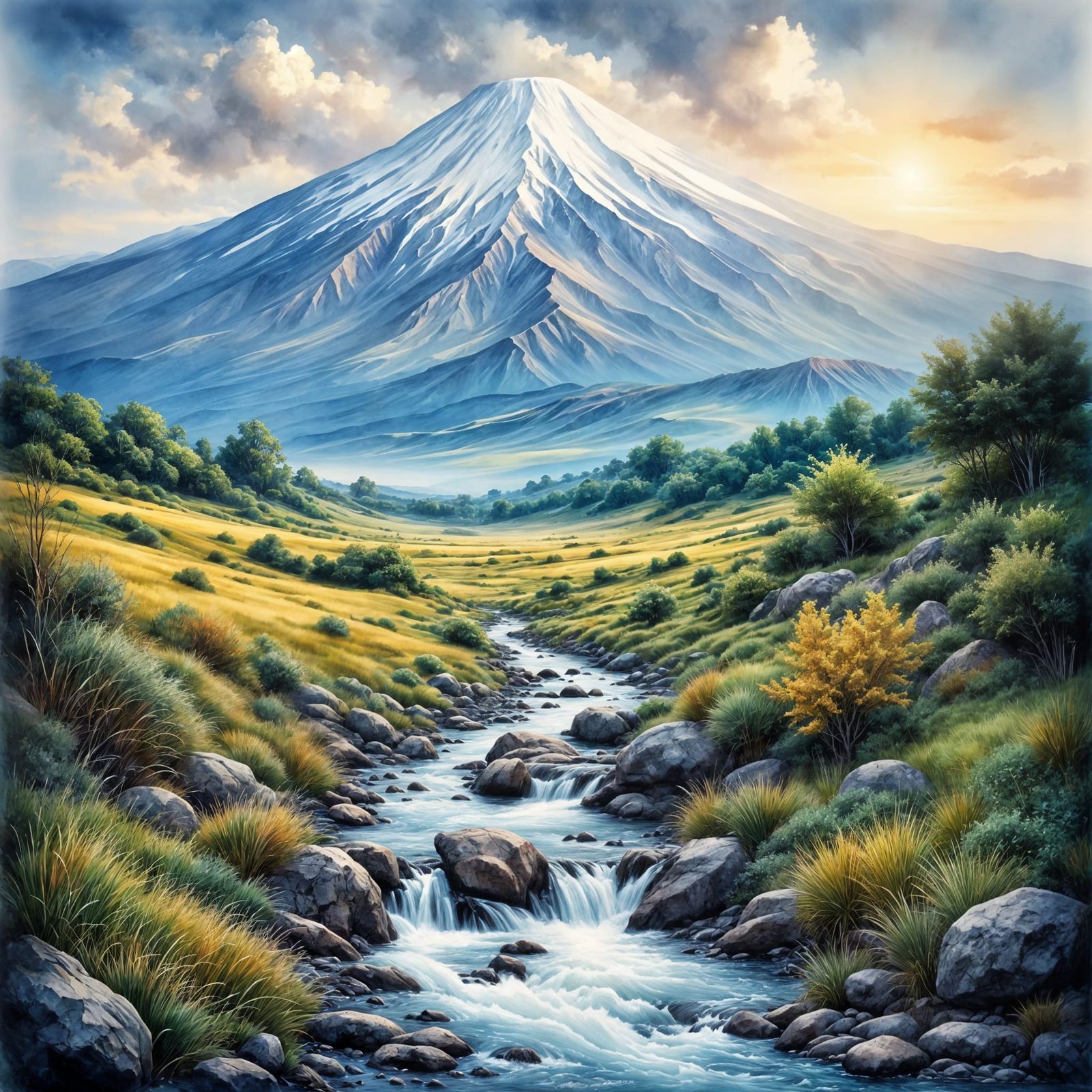 Mount Kilimanjaro at Dawn in Antique Watercolor Style