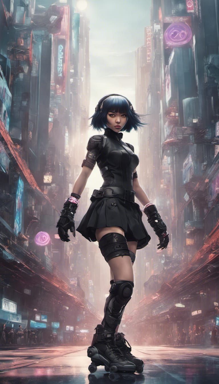 Futuristic Roller Derby Girl in Cyberpunk City