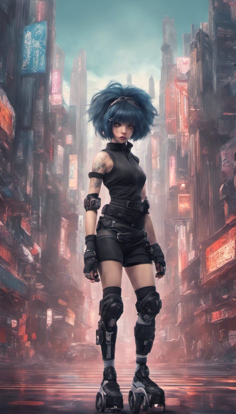 Futuristic Roller Derby Anime Girl in Cyberpunk City