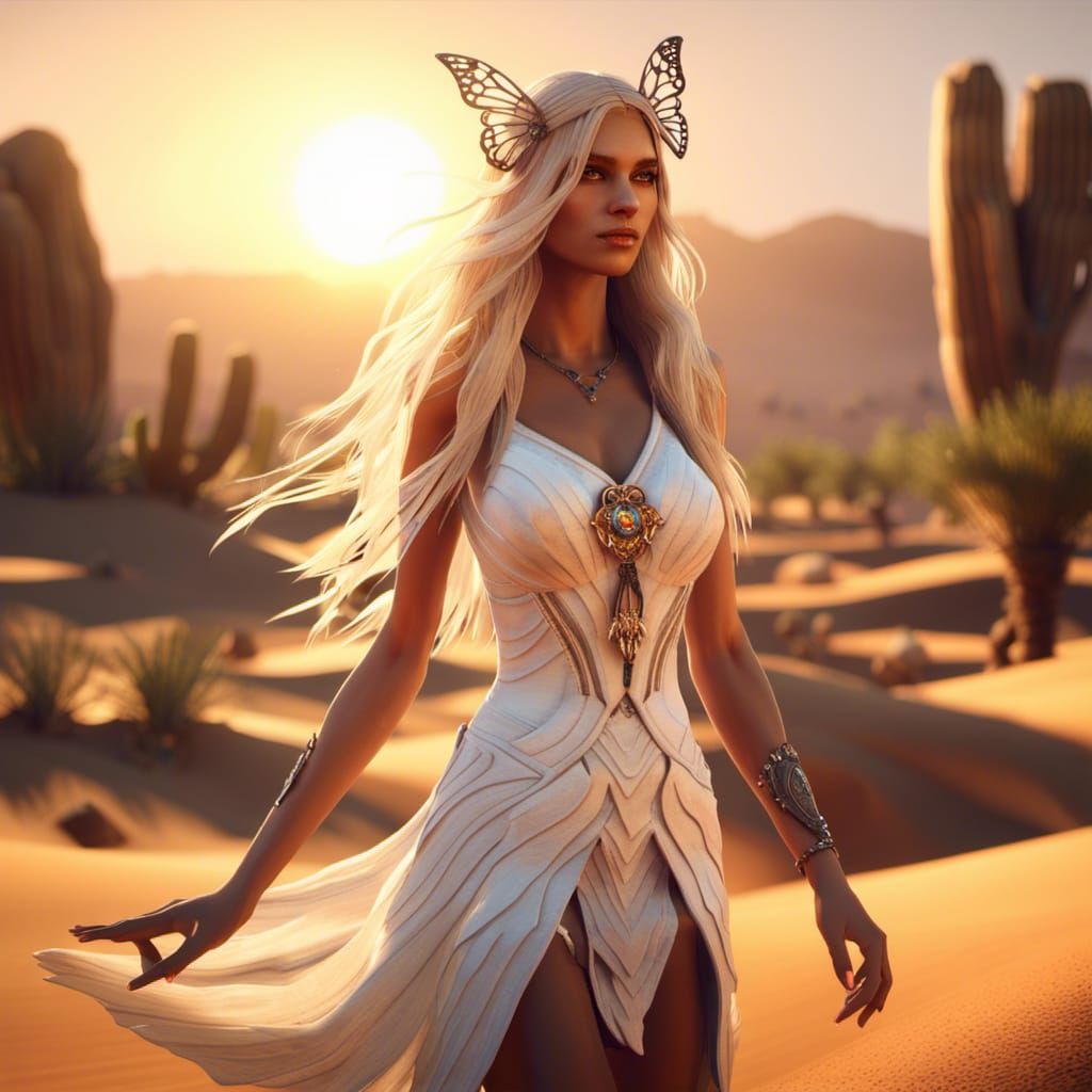 Blonde Maiden in Desert Oasis: 3D Game Cinematic